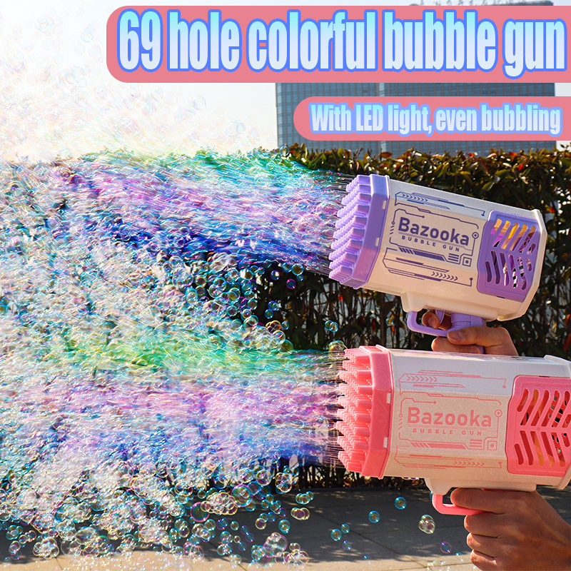 Best Bubble Gun Rocket 69 Holes Soap Bubbles Machine Gun Shape Automatic Blower With Light Toys For Kids Pomperos