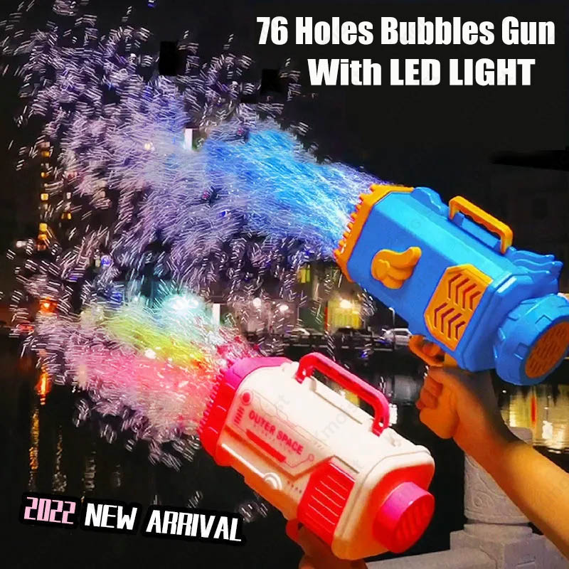 Best Bubble Gun Rocket 69 Holes Soap Bubbles Machine Gun Shape Automatic Blower With Light Toys For Kids Pomperos