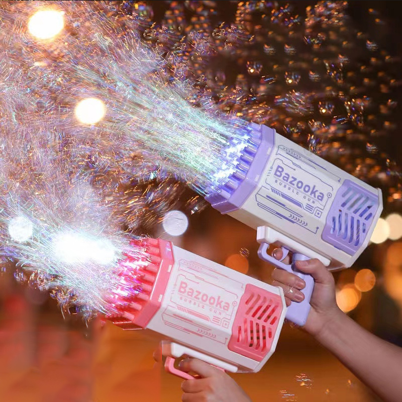 Best Bubble Gun Rocket 69 Holes Soap Bubbles Machine Gun Shape Automatic Blower With Light Toys For Kids Pomperos